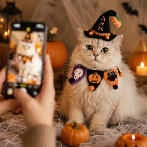 Hand-Knit Pet Costume Hat & Bib Cats Dogs Festive Apparel (Witch) - Image 5