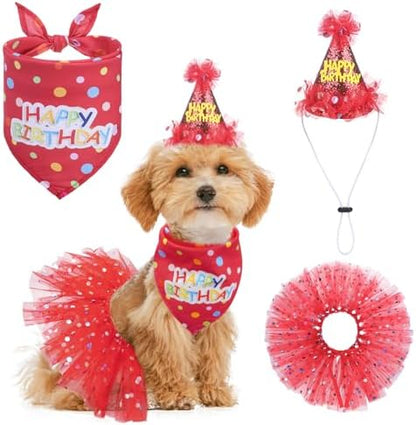 SCENEREAL Dog Birthday Bandana with Hat and Dress Girl Set, Puppy Birthday Party Supplies, Cute Tutu Skirt Red Outfit for Small Medium Large Dogs by SCENEREAL