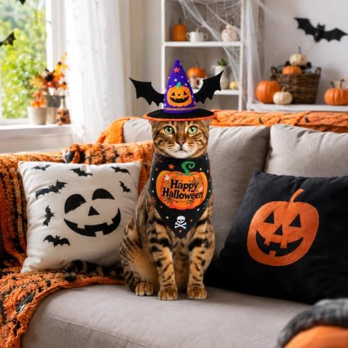 2 Pcs Halloween Pet Hat Bandana Set, Witch Pumpkin Costumes for Cats - Image 5