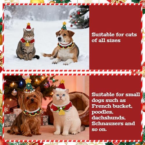 4 Pcs Christmas Knitted Dog Cat Adjustable Collars Hats Pet Costume Crochet Santa Hats Outfit Winter Puppy Kitten Beanie Holiday Party Dress Up Props Handmade Soft Wool Photo Shoot Props Xmas Gifts - Image 3