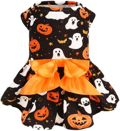 PUPTECK Halloween Dog Dress with Orange Bowtie, Ghost Pumpkin Print, L by PUPTECK