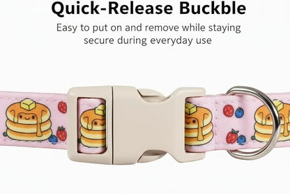 Pink Dog Collar, Girl Dog Collar with Pancake Print, Cute Spring Summer Food Collar with Soft & Breathable Fabric, Adjustable Pet Collar for Small Medium Large Dogs