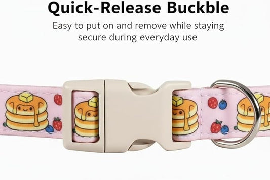 Pink Dog Collar, Girl Dog Collar with Pancake Print, Cute Spring Summer Food Collar with Soft & Breathable Fabric, Adjustable Pet Collar for Small Medium Large Dogs