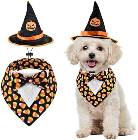 Halloween Candy Corn Dog Adjustable Tuxedo with Black Witch Hat Halloween Puppy Costume Set Halloween Carnival Theme Outfits for Cats Puppy Dog S by PetToysSupplies