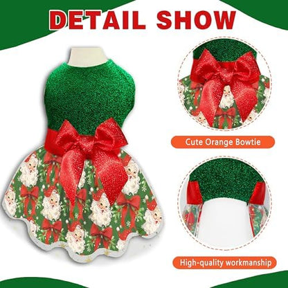 Christmas Dog Dress, Festive Holiday Pet Outfit, Shiny Green Top with Glittery Red Bow and Santa Claus Print Skirt for Boys and Girls Small Puppies - Image 3