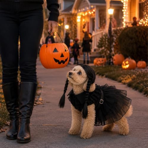 3 Pcs Halloween Dog Dress Costume with Belt Wig, Black Cute Pet Costume (L) - Image 4
