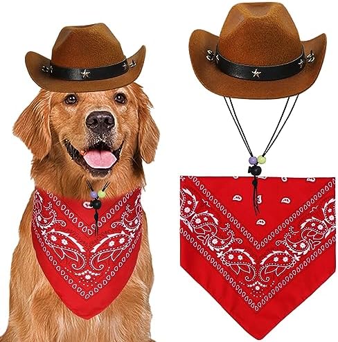 GOYOSWA Dog Halloween Costumes, Dog Cowboy Costume Halloween Dog Cowboy Hat Halloween Dog Bandana Scarf Funny Dog Halloween Costumes for Small Medium Large Dogs Pets (Brown Hat & Red Bandana, Large) by GOYOSWA