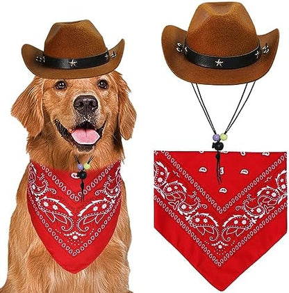GOYOSWA Dog Halloween Costumes, Dog Cowboy Costume Halloween Dog Cowboy Hat Halloween Dog Bandana Scarf Funny Dog Halloween Costumes for Small Medium Large Dogs Pets (Brown Hat & Red Bandana, Large) by GOYOSWA