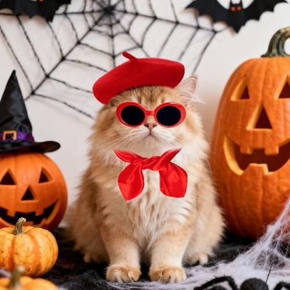 Dog Beret Set Including Dog Beret Satin Scarf Funny Glasses Pet French Artist Beanie for Small Dogs Cats Halloween Christmas Cosplay Party(Red) - Image 5