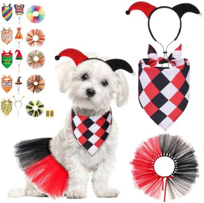 SCENEREAL Small Dog Halloween Costume, Clown Dog Bandana Headband Dress Set by SCENEREAL