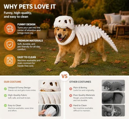 Dog Dinosaur Costume, Soft Plush Halloween Pet Cosplay Costume, Cute Dino Dress Up Apparel for Medium & Large Dogs Cats, Funny Outfit for Holiday Party - Image 3