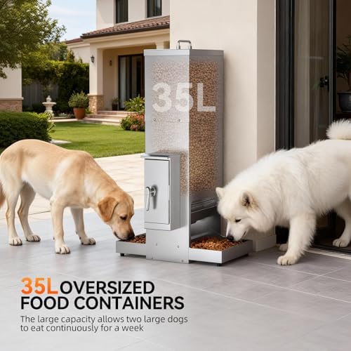 35L Automatic Dog Feeder for Two Large Dog or Cat Stainless Steel Pet Feeder with Timer,Feeding Schedule, Wall-Mountable, 2 Extra-Large Tray for Large Pet