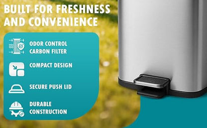 6L Outdoor and Indoor Pet Waste Container, (with one Charcoal Filter), Stainless Steel Can. Lid Opens with Push Step. 12 in x 10 in x 8 in Dimension.