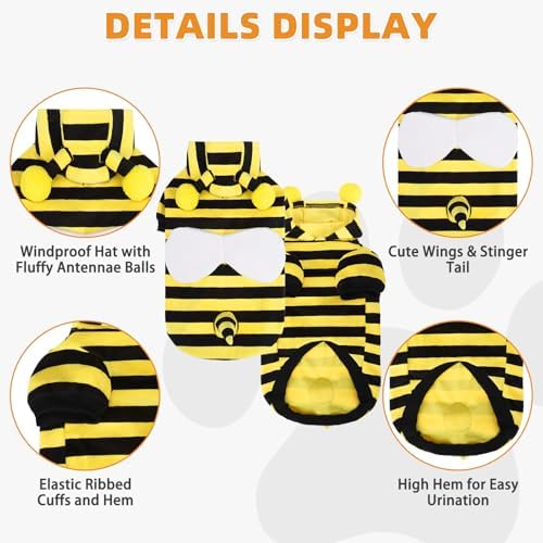 KOOLTAIL Dog Bee Costume Clothes, Fleece Funny Dog Sweater Hoodie Outfits, Pet Halloween Cosplay Cold Weather Coats with Leash Hole for Small Medium Large Dogs Pug Pitbull Corgi Puppy Gift, Yellow L - Image 5