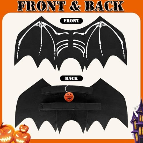 Olanrun Dog Halloween Costumes, Adjustable Dog Bat Wings Costumes for Medium Dogs with Pumpkin Bell Skeleton Print On The Back, Pet Costume Halloween Cosplay Party Dress Up, M Black - Image 5