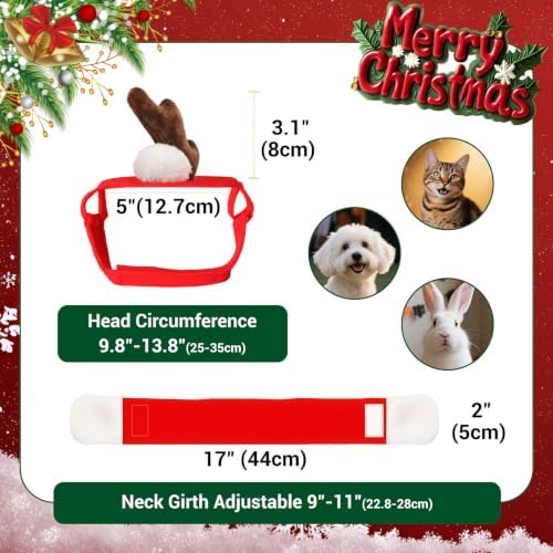 Cat Christmas Costume, Small Dogs Reindeer Antler with Red Santa Scarf, Xmas Single Reindeer Scarves Outfits for Kitten Puppy Rabbit, Adjustable Cat Elk Antler Christmas Decoration, Red - Image 3