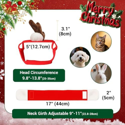 Cat Christmas Costume, Small Dogs Reindeer Antler with Red Santa Scarf, Xmas Single Reindeer Scarves Outfits for Kitten Puppy Rabbit, Adjustable Cat Elk Antler Christmas Decoration, Red - Image 3