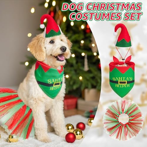 SCENEREAL Christmas Dog Bandana Dress with Hat Set, Pet Santa Costume for Small Medium Sized Dogs, Cute Tutu Skirt Outfit for Party Halloween - Image 3