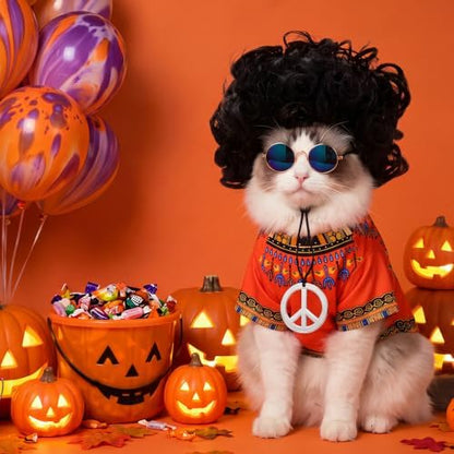 Kinlop 4 Pcs Hippie Dog Costume Halloween Pet Costume Accessories Includes 60s 70s African Dashiki T-Shirt Afro Wig Peace Sign Necklace and Sunglasses for Party Dress Up(S) - Image 6