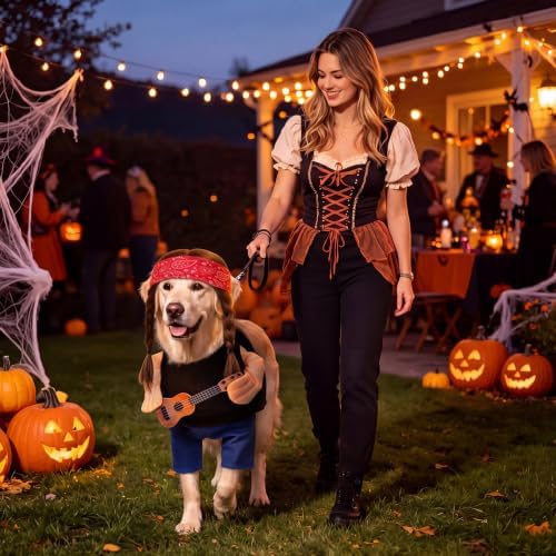 Huhumy Halloween Country Singer Dog Costume Pet Guitar Costume with Felt Funny Guitar Plush Arm Ponytail Wig for Small Medium Dogs Chihuahua Pug Christmas Party Halloween Cosplay Outfit(L) - Image 5