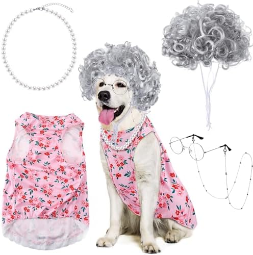 4Pcs Halloween Old Lady Costume Dog Grandma Outfit, Pink Ditsy Floral, 3 XL by Unknown