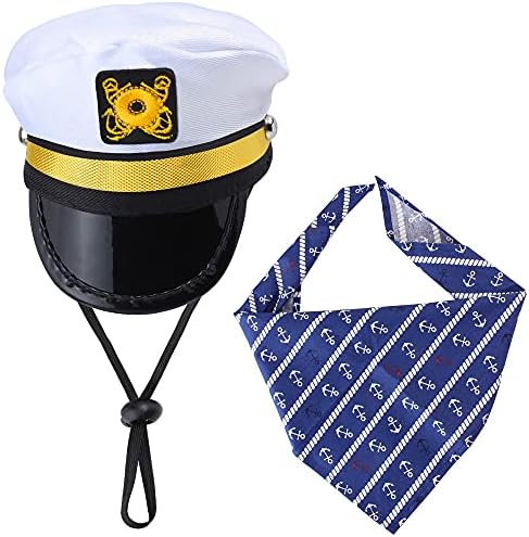 Yewong Pet Captain Sailors Costume Set Dog Cat Sea Captain Hat with Pet Anchor Triangle Bibs Scarf for Cat Puppy Navy Halloween Cosplay Costume Accessories Photo Props (White-A) by Yewong
