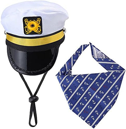Yewong Pet Captain Sailors Costume Set Dog Cat Sea Captain Hat with Pet Anchor Triangle Bibs Scarf for Cat Puppy Navy Halloween Cosplay Costume Accessories Photo Props (White-A) by Yewong