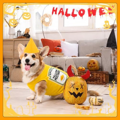 2 Pcs Halloween Dog Costume Set 4XL Yellow Mustard Themed Pet Outfit with Matching Cone Hat Sleeveless Printed Tank Top for Medium Dogs Holiday Party Dress Up - Image 7
