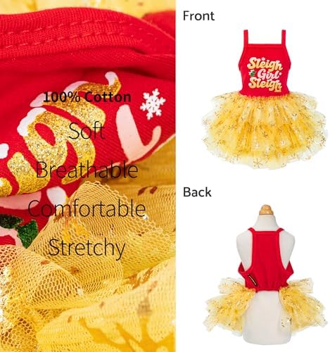 Fitwarm Sleigh Girl Sleigh Dog Tutu Dress, Fancy Christmas Clothes for Small Dogs Girl, Funny Holiday Pet Outfit, Red, Golden Yellow, Large - Image 5