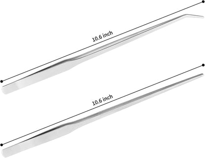 2PCS Long Aquarium Tweezers - 10.6" Straight and Curved Tweezers, Stainless Steel Reptile Feeding tongs, Terrarium Aquascape Tools Feeder for Lizards, Bearded Dragon Snake Tank Accessories