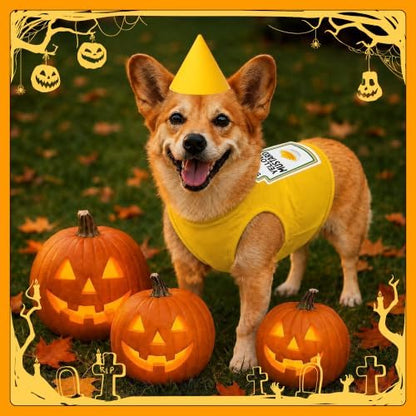 2 Pcs Halloween Dog Costume Set 2XL Yellow Mustard Themed Pet Outfit with Matching Cone Hat Sleeveless Printed Tank Top for Medium Dogs Holiday Party Dress Up - Image 4