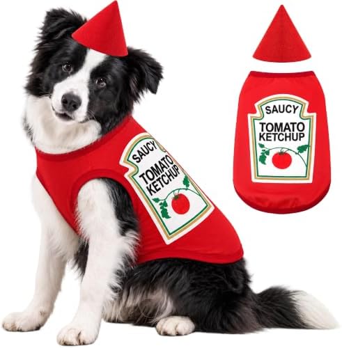 2 Pcs Halloween Dog Costume Set 4XL Tomato Ketchup Themed Pet Outfit with Matching Cone Hat Sleeveless Printed Tank Top for Medium Large Dogs Holiday Party Dress Up by Unknown