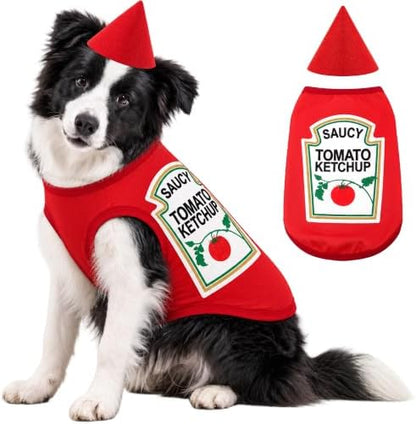 2 Pcs Halloween Dog Costume Set 4XL Tomato Ketchup Themed Pet Outfit with Matching Cone Hat Sleeveless Printed Tank Top for Medium Large Dogs Holiday Party Dress Up by Unknown