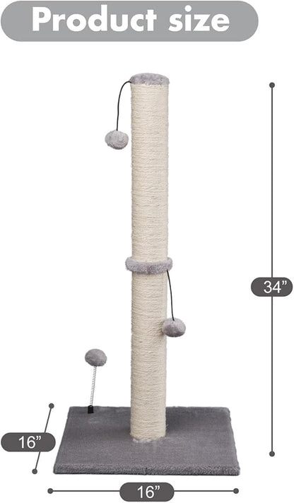 MECOOL 34“ Tall Cat Scratching Post Premium Basics Kitten Scratcher Sisal Scratch Posts Trees with Hanging Ball for Indoor Cats, Gray