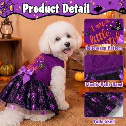 XPUDAC Halloween Dog Dress Witch Tulle Dress Holiday Dog Clothes for Small Dogs Girl, Spider Pet Costume Cat Apparel, Purple-Medium - Image 2