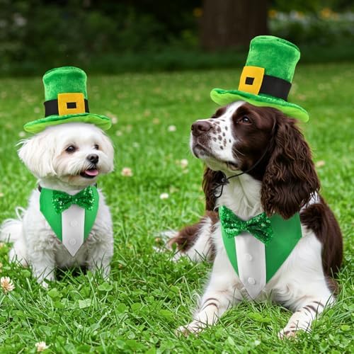 St. Patrick’s Day Dog Tuxedo with Green Bowtie Pet Irish Leprechaun Hat with Belt Buckle Dog Patricks Costume Set Lucky Themed Outfits for Cats Puppies Dogs （L） - Image 2