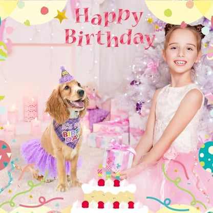 SCENEREAL Dog Birthday Bandana Hat with Dress Girl Set Party Supplies Plaid Puppy Birthday Outfit Cute Dog Tutus for Small Medium Lage Dogs, Purple Plaid - Image 5