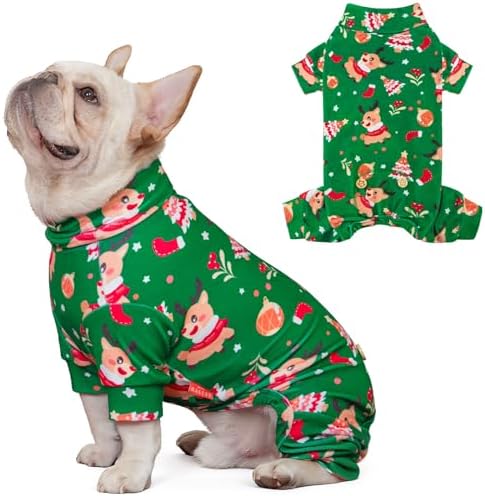KYEESE Dog Christmas Pajamas for Small Dogs Green Reindeer Velvet Onesie by KYEESE