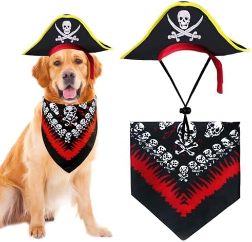 GOYOSWA Dog Pirate Costume, Dog Halloween Costumes Pirate Hat and Bandana Set Holiday Outfit Clothes for Small Medium Large Dogs Pets (Style A, Large) by GOYOSWA