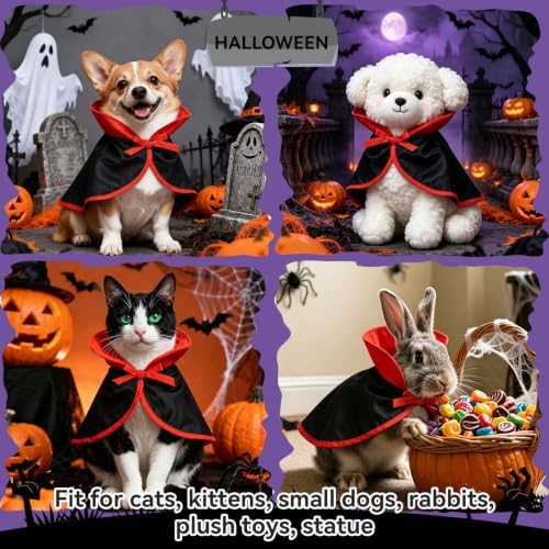 Halloween Cat Vampire Cloak Costume, Red Black Satin Cat Cape Stand Collar, Halloween Pet Cosplay Wizard Devil Outfit for Small Dogs, Kittens, Rabbits, Adjustable - Image 5