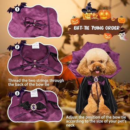 Dog Halloween Costume Cape Vampire Cloak with Bow Tie (Purple, SM) - Image 5
