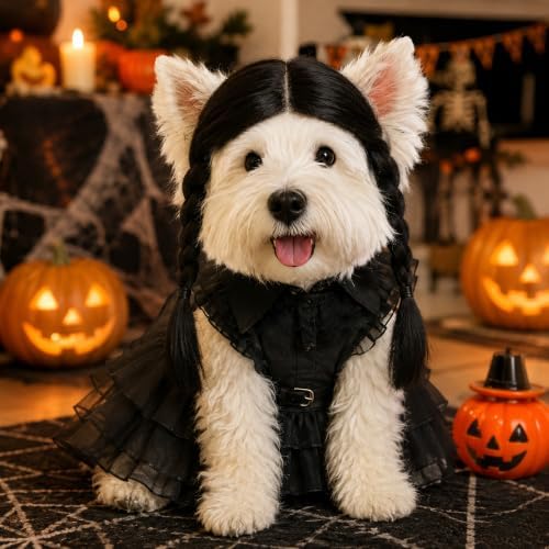3 Pcs Halloween Dog Dress Costume with Belt Wig, Black Cute Pet Costume (M) - Image 7