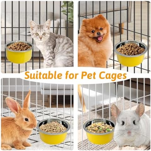 Hamiledyi Crate Dog Bowl Cat - Removable Stainless Steel Hanging No Spill Pet Bowl for Kennels Durable Detachable Design Fits Small Medium Dog Cages (2 Pcs, Yellow