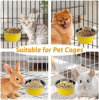 Hamiledyi Crate Dog Bowl Cat - Removable Stainless Steel Hanging No Spill Pet Bowl for Kennels Durable Detachable Design Fits Small Medium Dog Cages (2 Pcs, Yellow