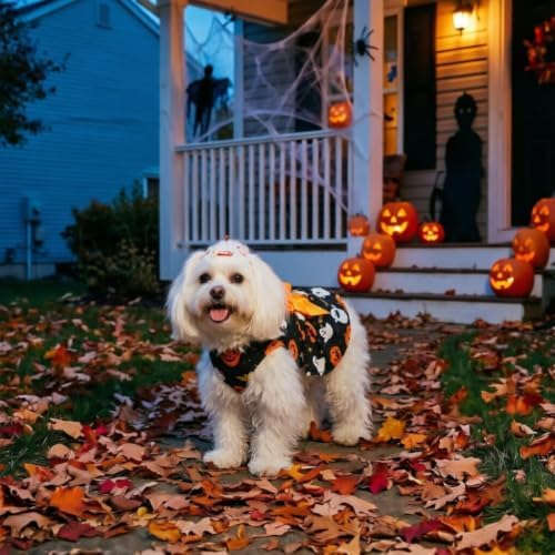 PUPTECK Halloween Dog Dress with Orange Bowtie, Ghost Pumpkin Print, M - Image 6