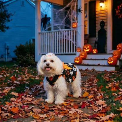 PUPTECK Halloween Dog Dress with Orange Bowtie, Ghost Pumpkin Print, L - Image 6