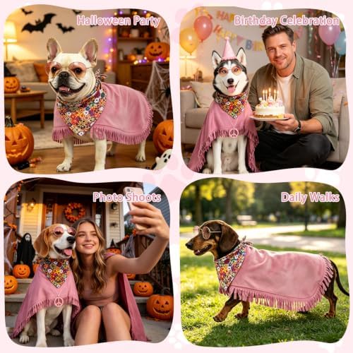 PAWCHIE Halloween Dog Hippie Costume Set 60s 70s, Pet Costume Accessories Includes Hippie Fringed Cape Bandana Glasses and Peace Necklace, Adjustable Boho Pet Outfit for Large Dogs Party Photo, Pink L - Image 6