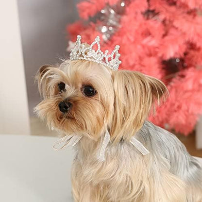 Lovelyshop Pearl Rhinestone Pet Crown for Dogs & Cats, Silver, XS - Image 3