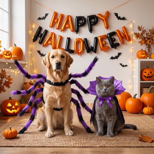 3 Pcs Halloween Costume for Dog Cat, Spider Bat Wings Cape, Purple, S - Image 6