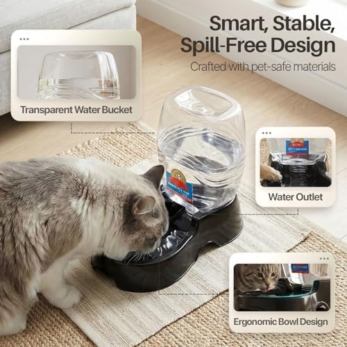 Flexzion Gravity Pet Water Dispenser for Cats & Small Dogs, 1/4 Gal, Black